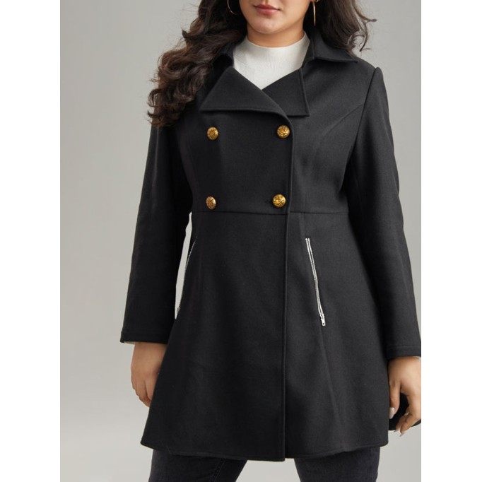 Black tweed coat with waist lapel for women