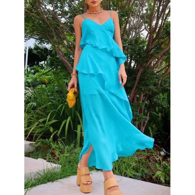 Blue halter ruffled patchwork dress