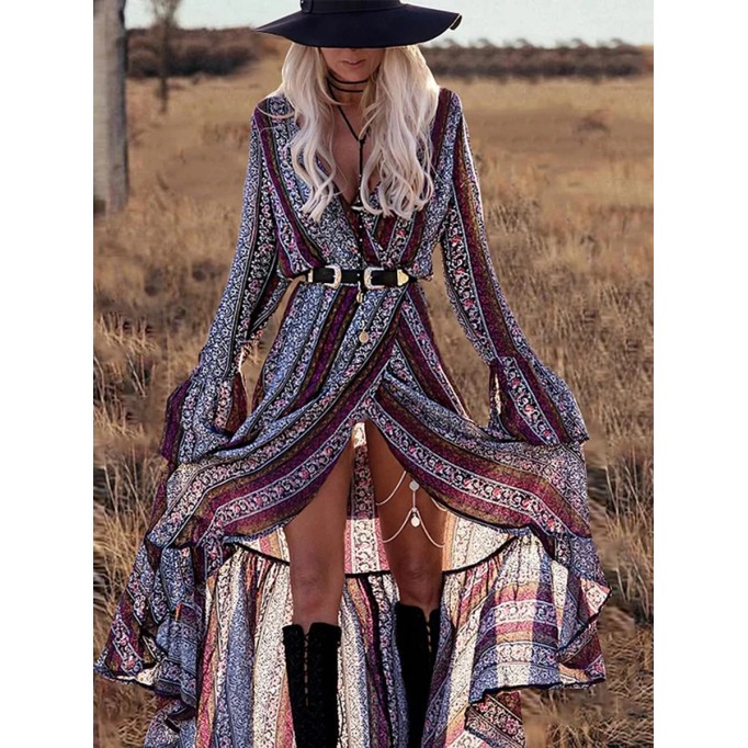 Bohemian Print V Neck Bell Sleeve Maxi Dress