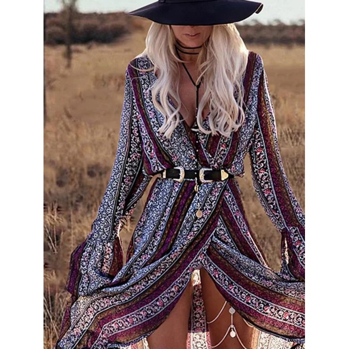 Bohemian Print V Neck Bell Sleeve Maxi Dress