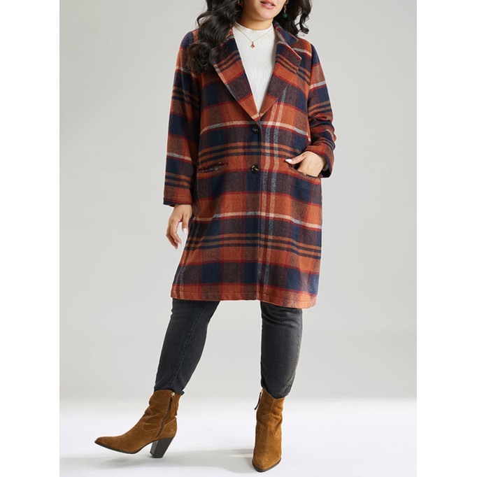 Brown ladies elegant plaid trench coat tweed coat