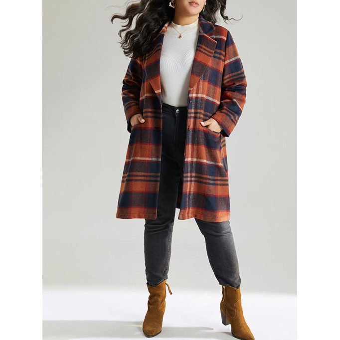 Brown ladies elegant plaid trench coat tweed coat