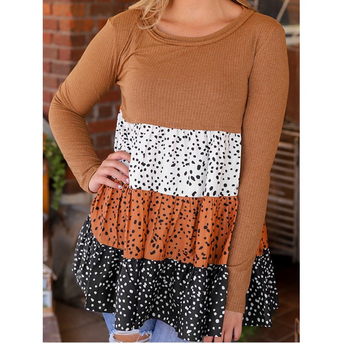 Brown round neck casual top with polka dot ruffle stitching