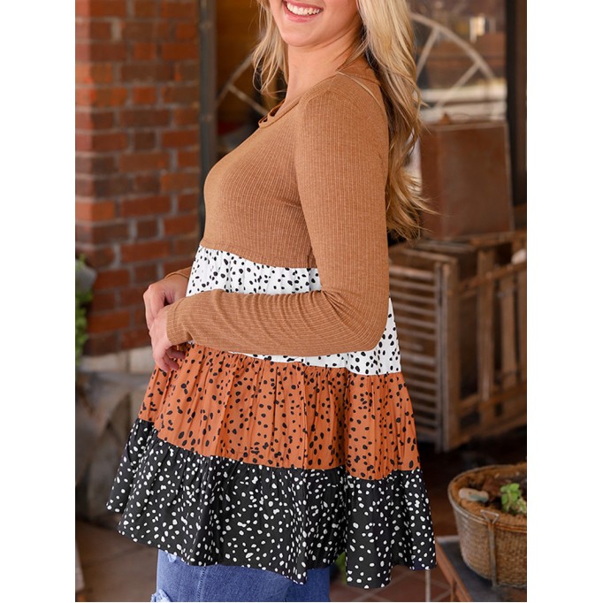 Brown round neck casual top with polka dot ruffle stitching