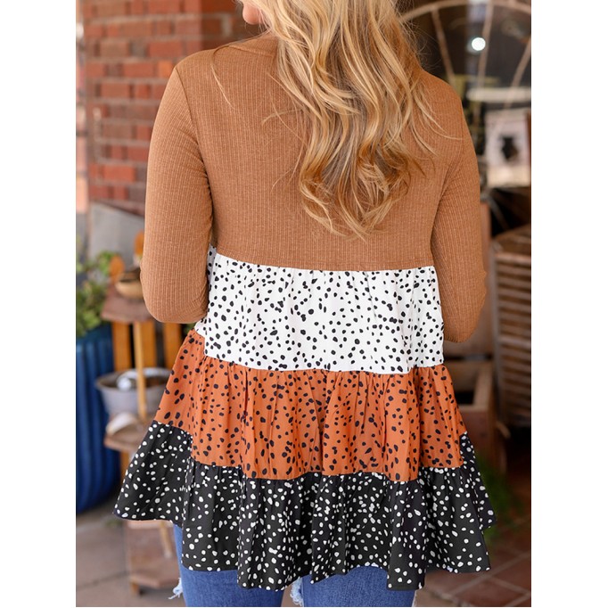 Brown round neck casual top with polka dot ruffle stitching