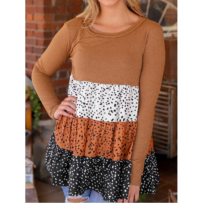 Brown round neck casual top with polka dot ruffle stitching