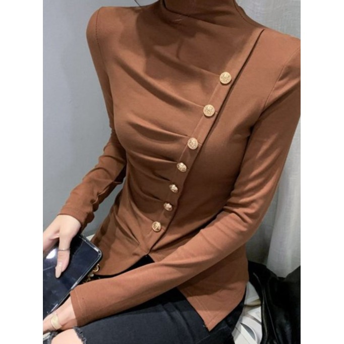 Brown women's turtleneck pleated top T-shirt