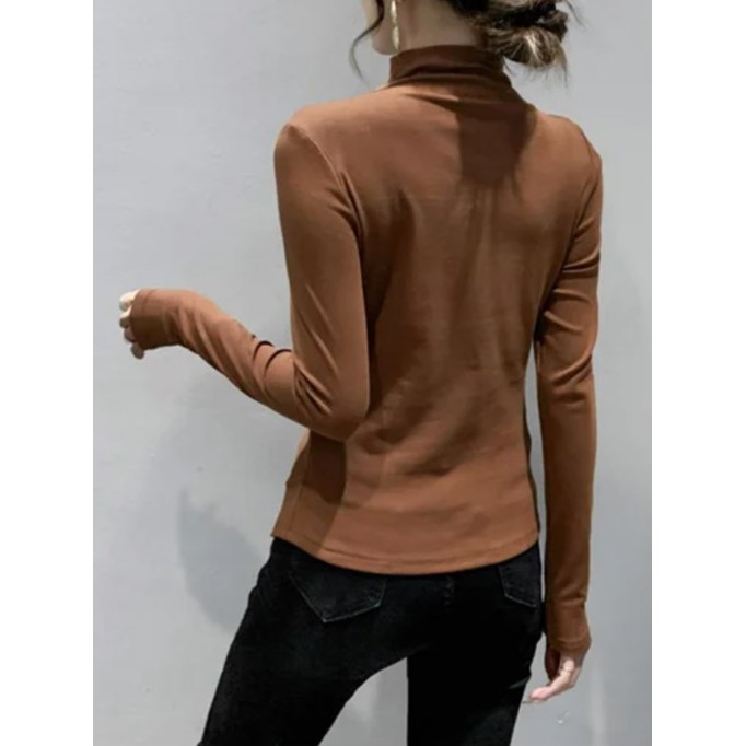 Brown women's turtleneck pleated top T-shirt