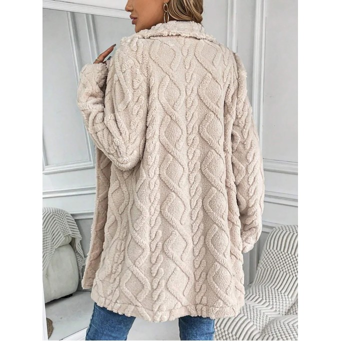 Buckle Jacquard Winter Warmth Plain Thicken Fleece Casual Loose Lapel Collar Mid-long Teddy Jacket