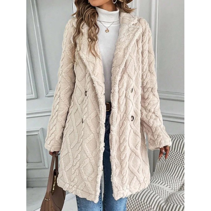 Buckle Jacquard Winter Warmth Plain Thicken Fleece Casual Loose Lapel Collar Mid-long Teddy Jacket