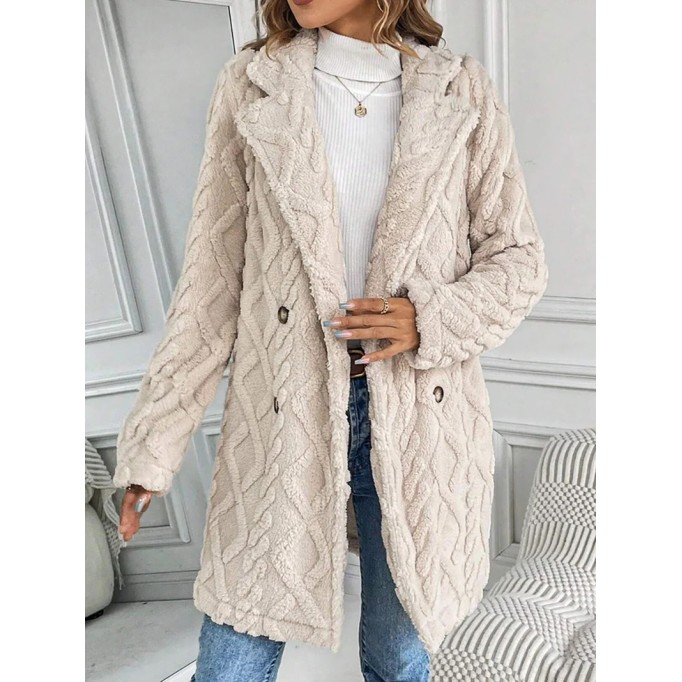 Buckle Jacquard Winter Warmth Plain Thicken Fleece Casual Loose Lapel Collar Mid-long Teddy Jacket