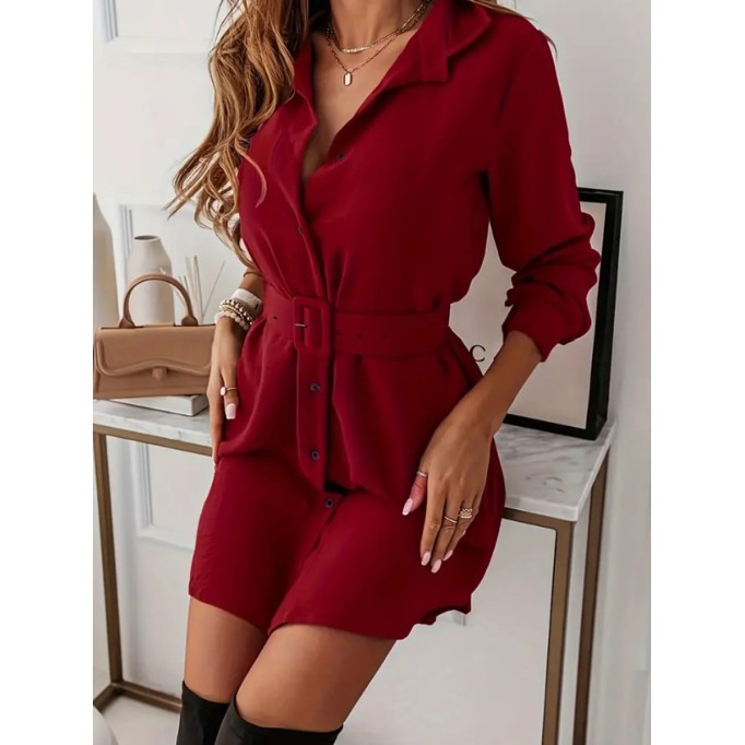 Burgundy shirt dress with lapel waist