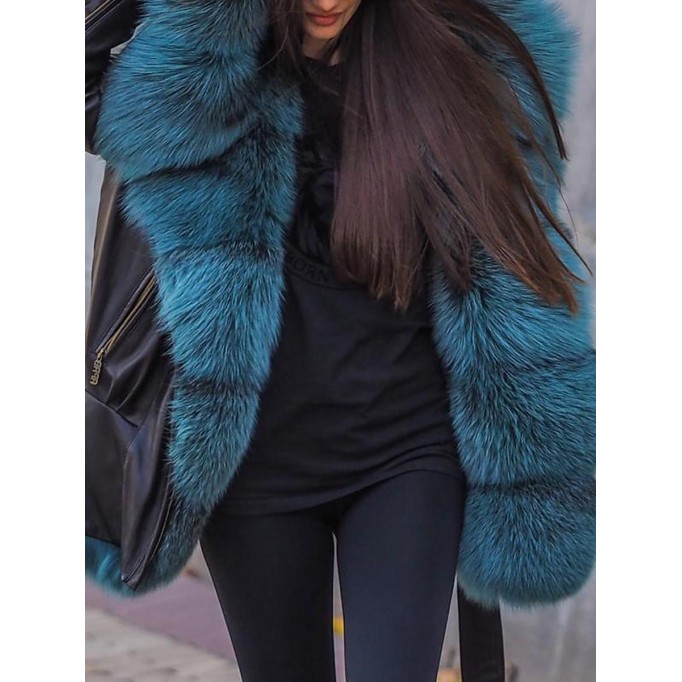 Casual contrast color fur collar patchwork coat