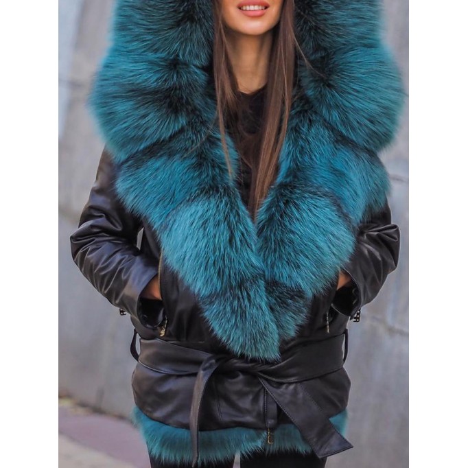 Casual contrast color fur collar patchwork coat