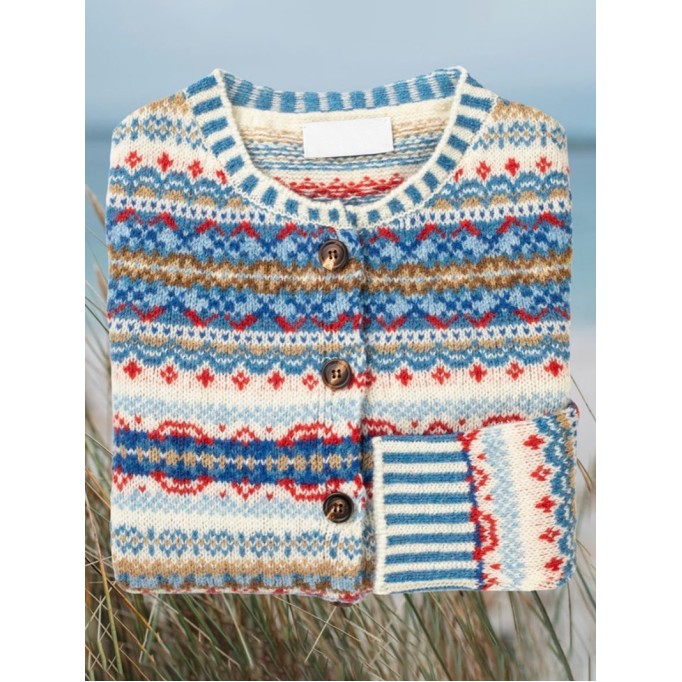 Casual contrasting crew neck buttoned knitted cardigan