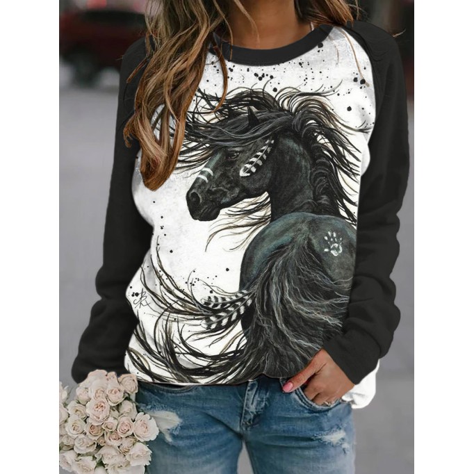 Casual contrasting horse print crew neck sweatshirt