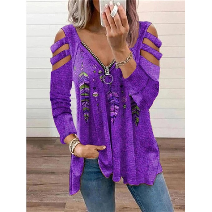 Casual Feather Print Cutout Long Sleeve T-shirt