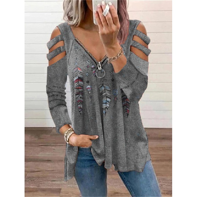 Casual Feather Print Cutout Long Sleeve T-shirt