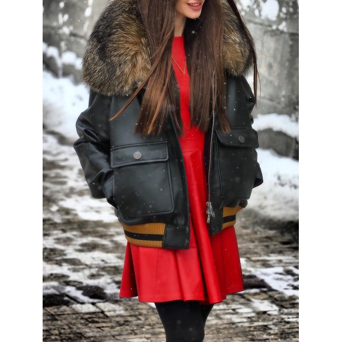 Casual fur collar patchwork leather coat