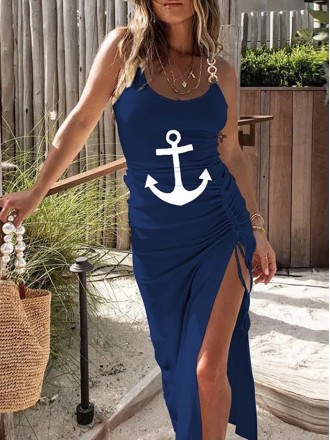 Casual Holiday Blue Anchor Sleeveless Drawstring Dress