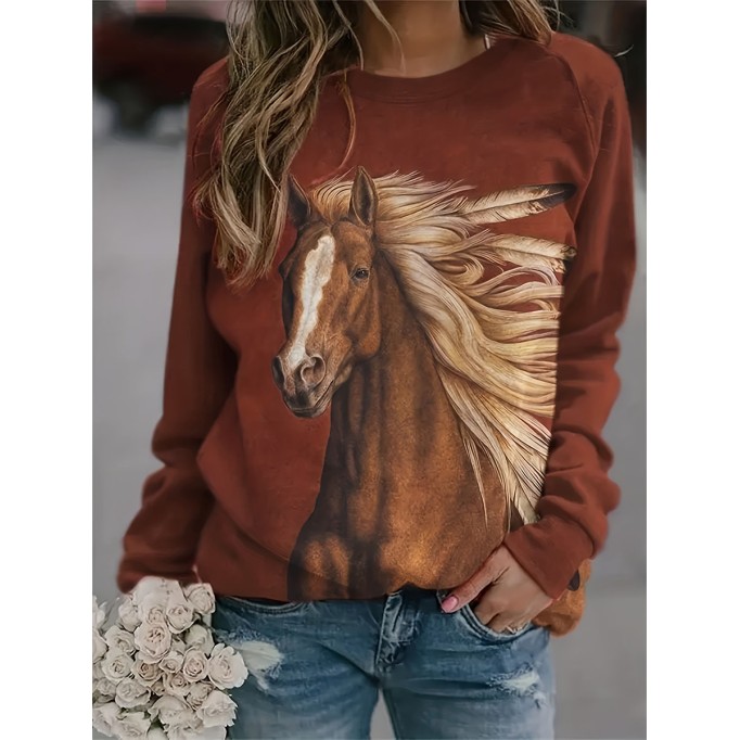 Casual horse print long sleeve sweatshirt