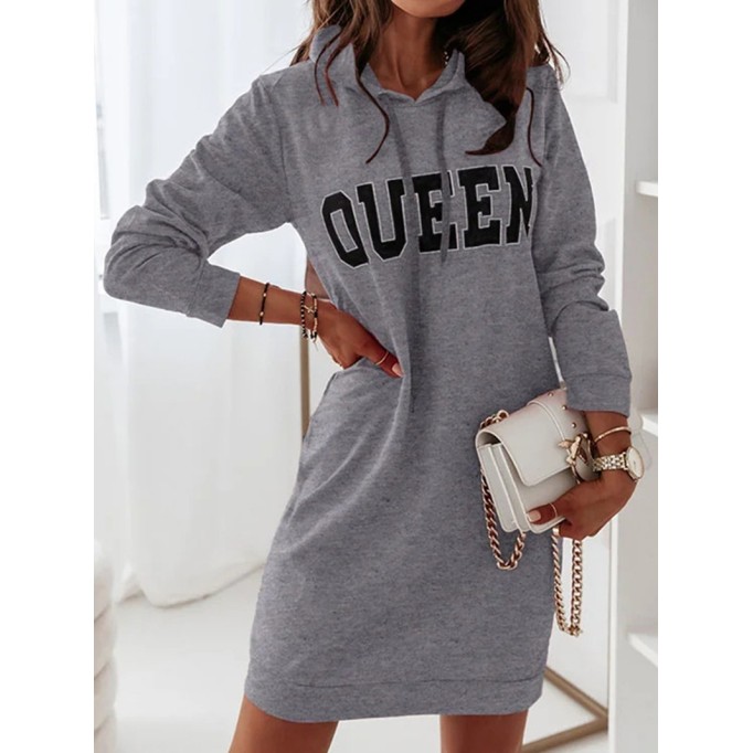 Casual Letter Draw String Hooded Collar Dresses