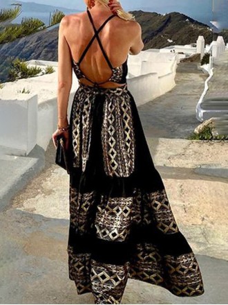 Casual Print Halter Cake Skirt Dresses