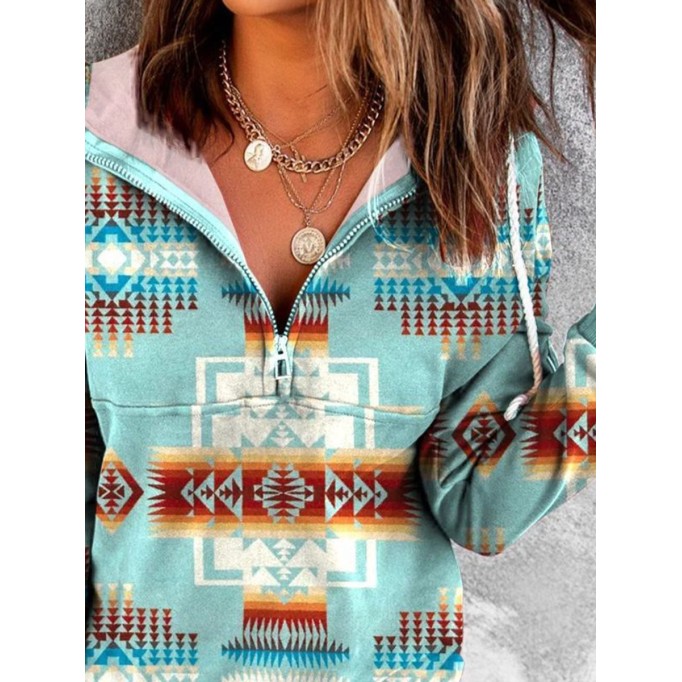 Casual retro printed drawstring long sleeve sweatshirt