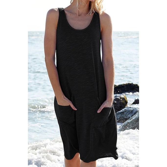 Casual Solid Patchwork Pocket Basic O Neck Straight Dresses