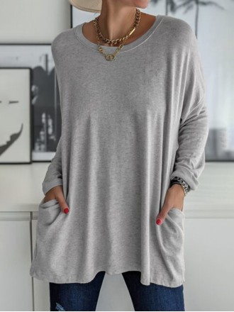 Casual Solid Patchwork Pocket O Neck Tops