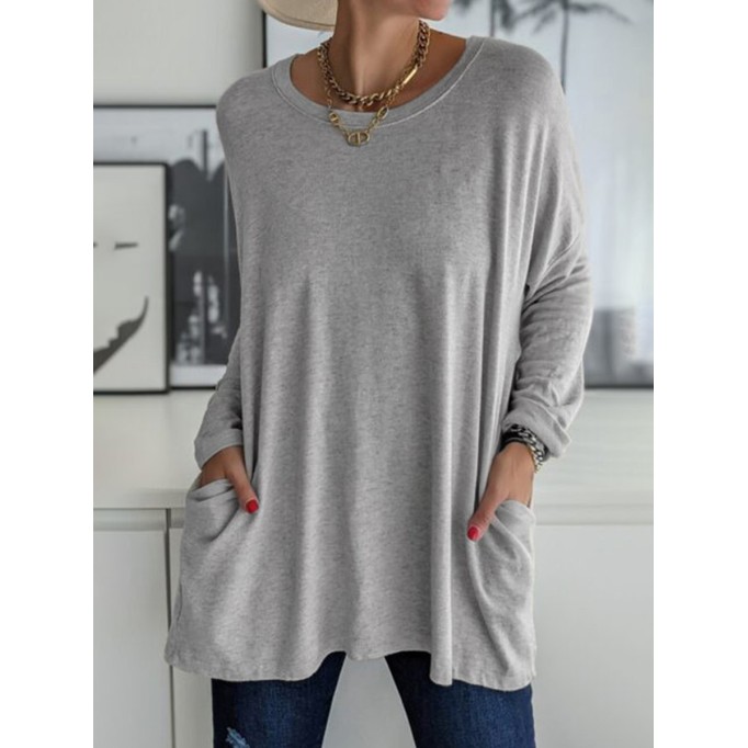 Casual Solid Patchwork Pocket O Neck Tops