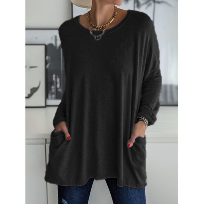 Casual Solid Patchwork Pocket O Neck Tops