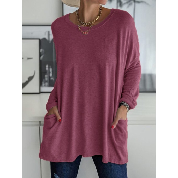 Casual Solid Patchwork Pocket O Neck Tops