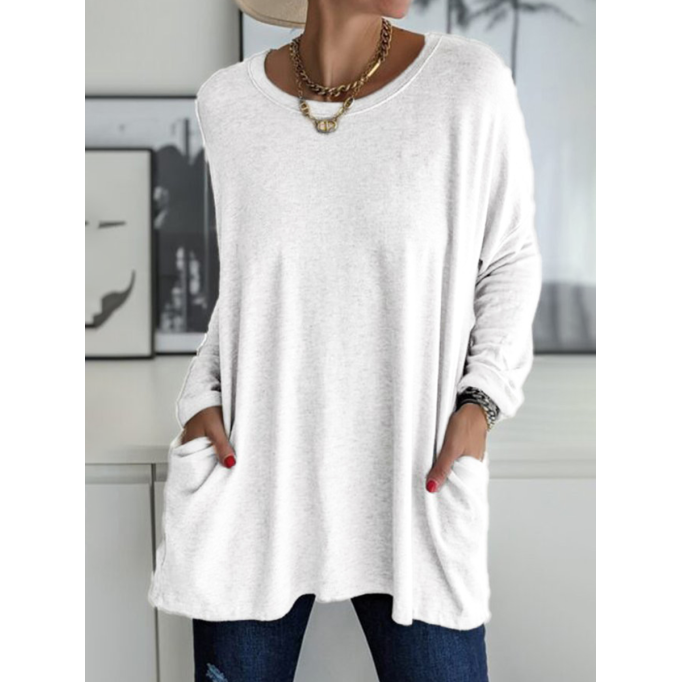 Casual Solid Patchwork Pocket O Neck Tops