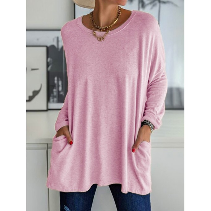 Casual Solid Patchwork Pocket O Neck Tops