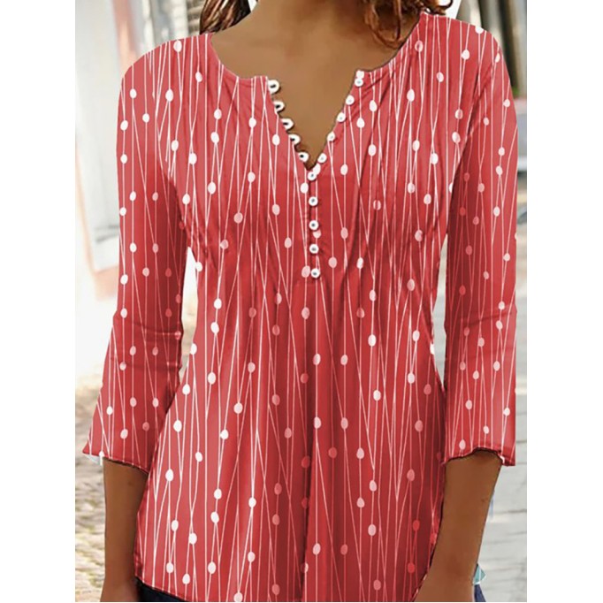 Casual V-neck 3/4 Sleeves Polka Dots Stripes Top