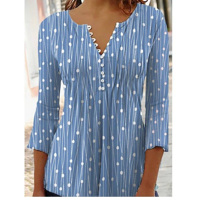 Casual V-neck 3/4 Sleeves Polka Dots Stripes Top