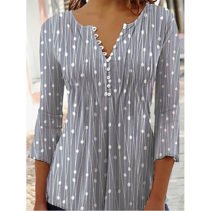 Casual V-neck 3/4 Sleeves Polka Dots Stripes Top