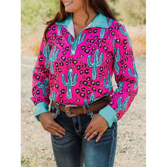 Casual Western Contrast Cactus Print Shirt