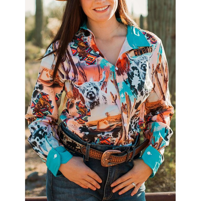 Casual Western Contrast Cowgirl Print Shirt