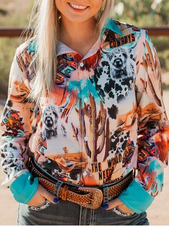 Casual Western Contrast Cowgirl Print Shirt