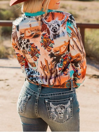 Casual Western Contrast Cowgirl Print Shirt