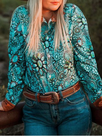 Casual Western Turquoise Print Shirt