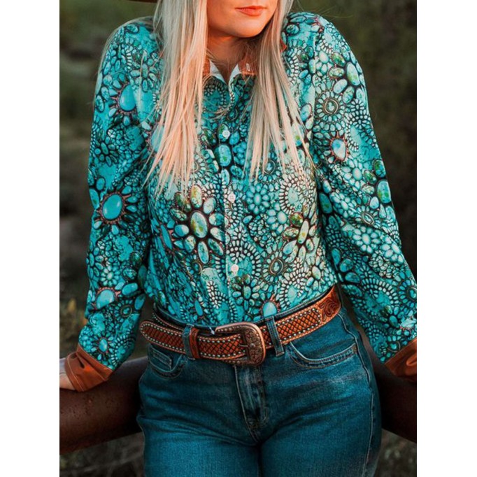 Casual Western Turquoise Print Shirt