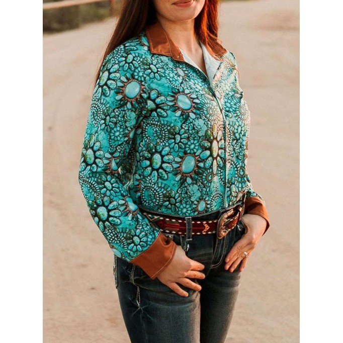 Casual Western Turquoise Print Shirt