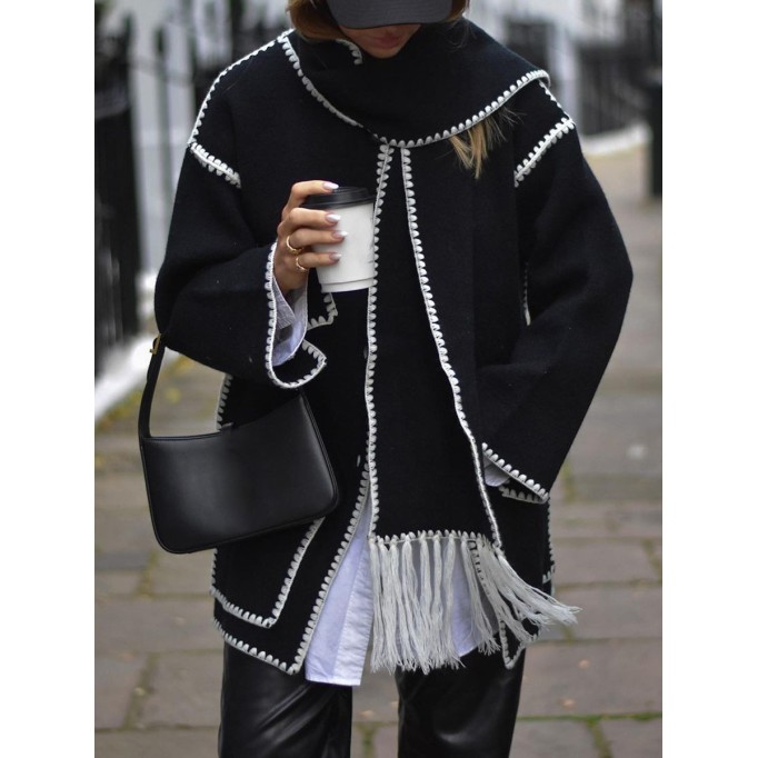 Contrast fringe scarf woolen jacket