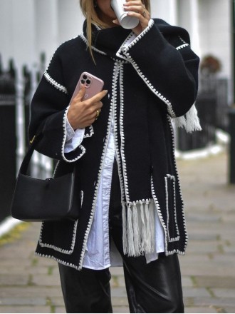 Contrast fringe scarf woolen jacket