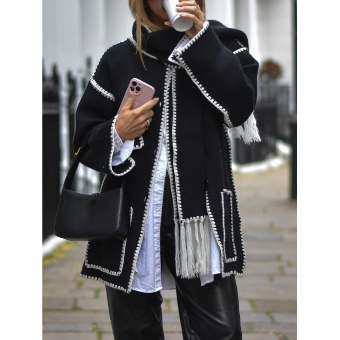 Contrast fringe scarf woolen jacket