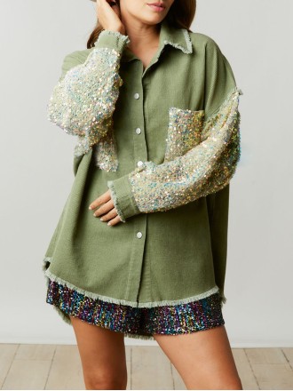 Corduroy Sequin Patchwork Long Sleeve Jacket