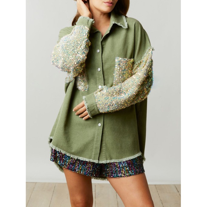 Corduroy Sequin Patchwork Long Sleeve Jacket